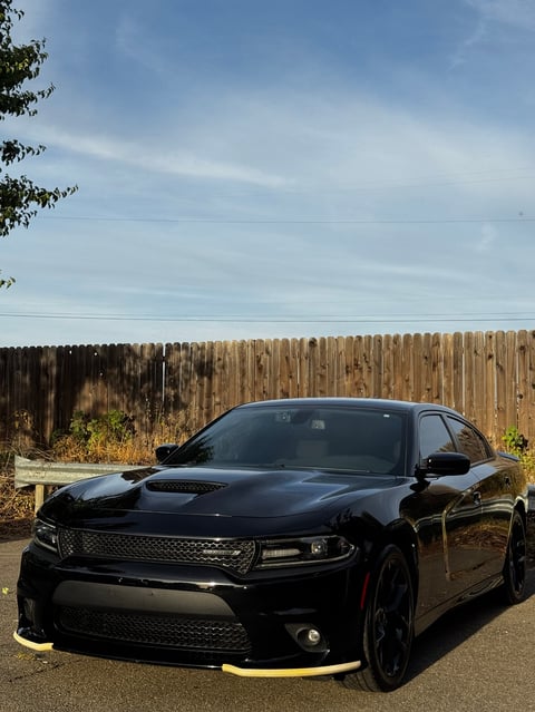 Black Dodge Charger muscle car parked on asphalt with wooden fence and clear sky in background