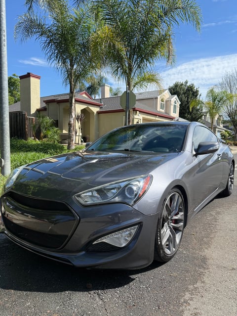 Silver Hyundai Genesis coupe parked on residential driveway with palm tree and house visible in background